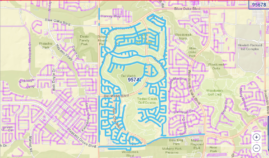 Map of five USPS carrier routes in ZIP 95747